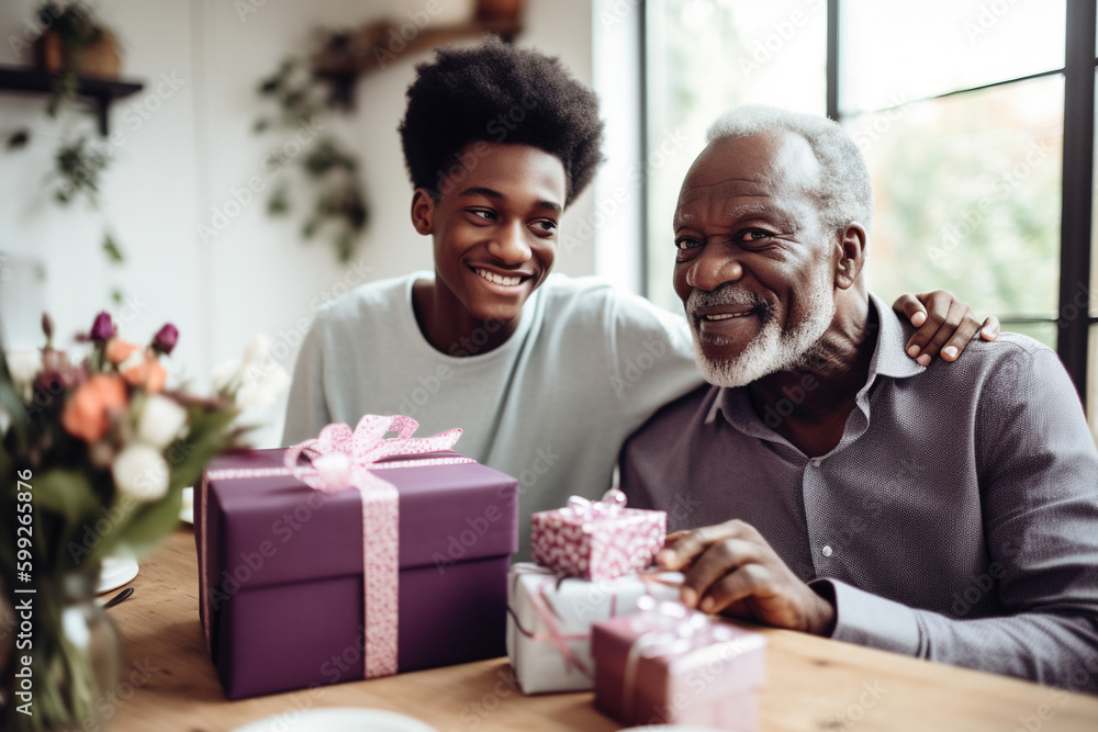 Son and his elderly dad holding christmas gift. Generative ai Son and his elderly dad holding christmas gift. Generative ai
