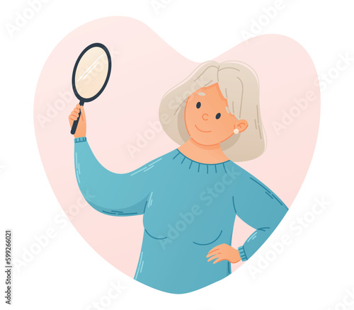 Smiling old gray haired woman looking into a hand held round mirror. Self love concept. Vector cartoon isolated illustration of a retired woman in flat style.