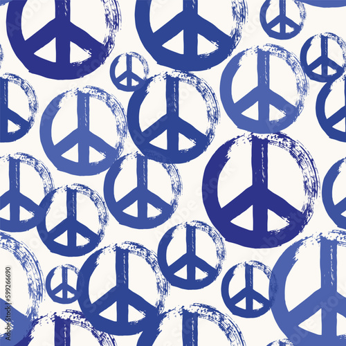 Peace and love symbol in blue brushstroke paint seamless pattern design illustration