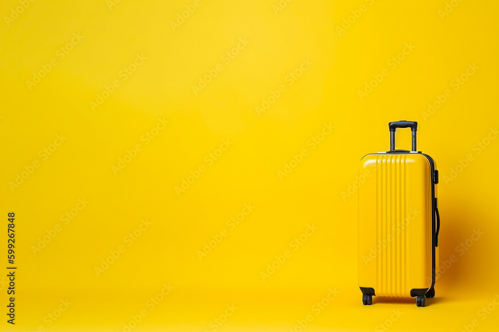 Yellow suitcase on yellow background with copy space, minimal style. Travel concept, vacation time, luggage, bag for travel. Holiday, trip and adventure theme. AI generated Yellow suitcase on yellow background with copy space, minimal style. Travel concept, vacation time, luggage, bag for travel. Holiday, trip and adventure theme. AI generated