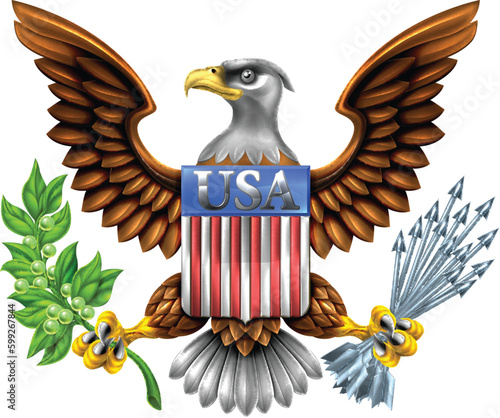 American Eagle Design with bald eagle like that found on the Great Seal of the United States holding an olive branch and arrows with American flag shield reading USA
