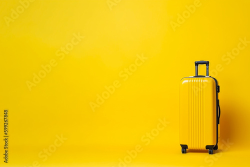 Yellow suitcase on yellow background with copy space, minimal style. Travel concept, vacation time, luggage, bag for travel. Holiday, trip and adventure theme. AI generated