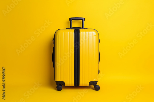 Yellow suitcase on yellow background with copy space, minimal style. Travel concept, vacation time, luggage, bag for travel. Holiday, trip and adventure theme. AI generated
