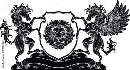 A crest coat of arms family shield seal featuring horse, Pegasus and lions photo