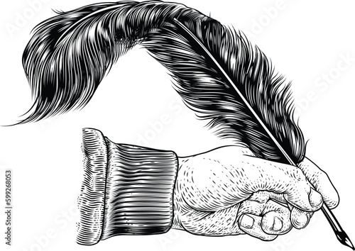 A hand holding writing with a quill feather antique ink pen. In a retro vintage engraved or etched woodcut print style.