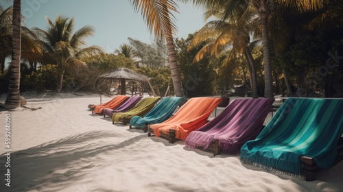 Beach Essentials: A Row of Sun Loungers with Colorful Beach Towels Set against Ocean View, AI Generative © NikoArakelyan