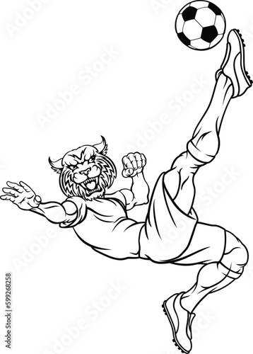 A wildcat soccer football player cartoon animal sports mascot kicking the ball