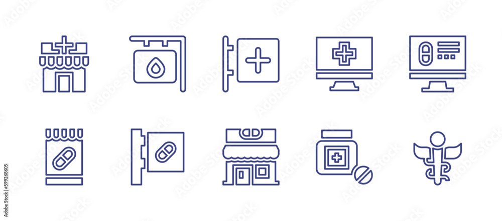 Pharmacy line icon set. Editable stroke. Vector illustration. Containing pharmacy, online pharmacy.