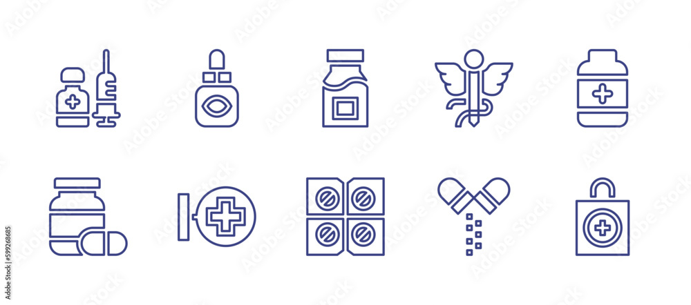 Pharmacy line icon set. Editable stroke. Vector illustration. Containing medicine, eye drop, pharmacy, vitamins, tablet, expired.