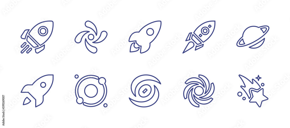 Space line icon set. Editable stroke. Vector illustration. Containing shuttle, galaxy, rocket, saturn, solar system, vortex, black hole, shooting star.