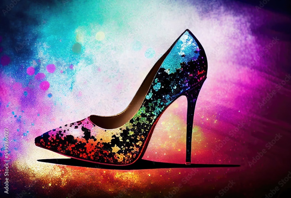 Obraz premium Right Side Rainbow Female Fashion Stiletto Shoe Backdrop With Copy Space Generative AI
