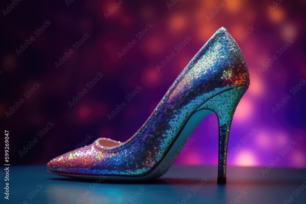Obraz premium Right Side Rainbow Female Glitter Dress Shoe Background With Copy Space Generative AI