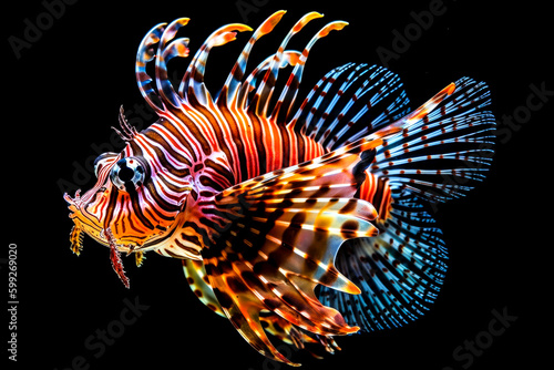 Beautiful Lionfish isolated on black background. Fish in motion. Generative AI.