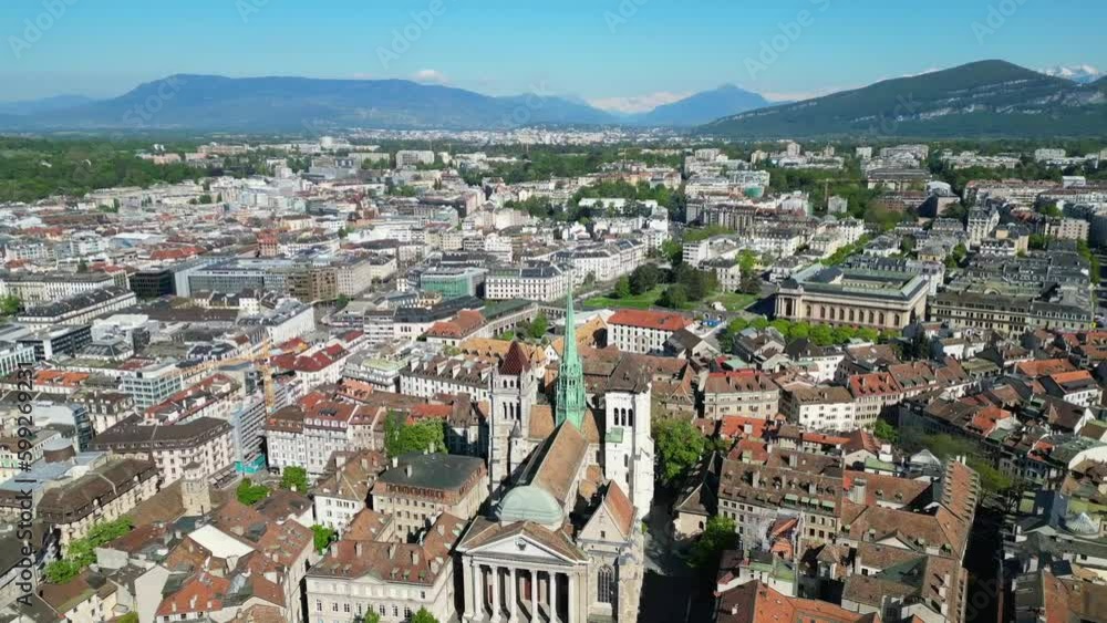 Aerial video of Geneva, Geneva city view to the lake. Taken above the old town. Pan 360 1080 Aerial video of Geneva, Geneva city view to the lake. Taken above the old town. Pan 360 1080