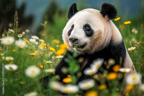Giant panda sitting on the grass with flowers in summer.. Generative AI.