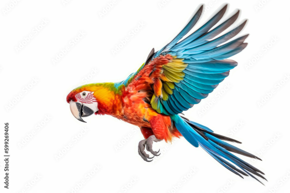 beautiful Scarlet macaw bird isolated on white background, side view. Generative AI.