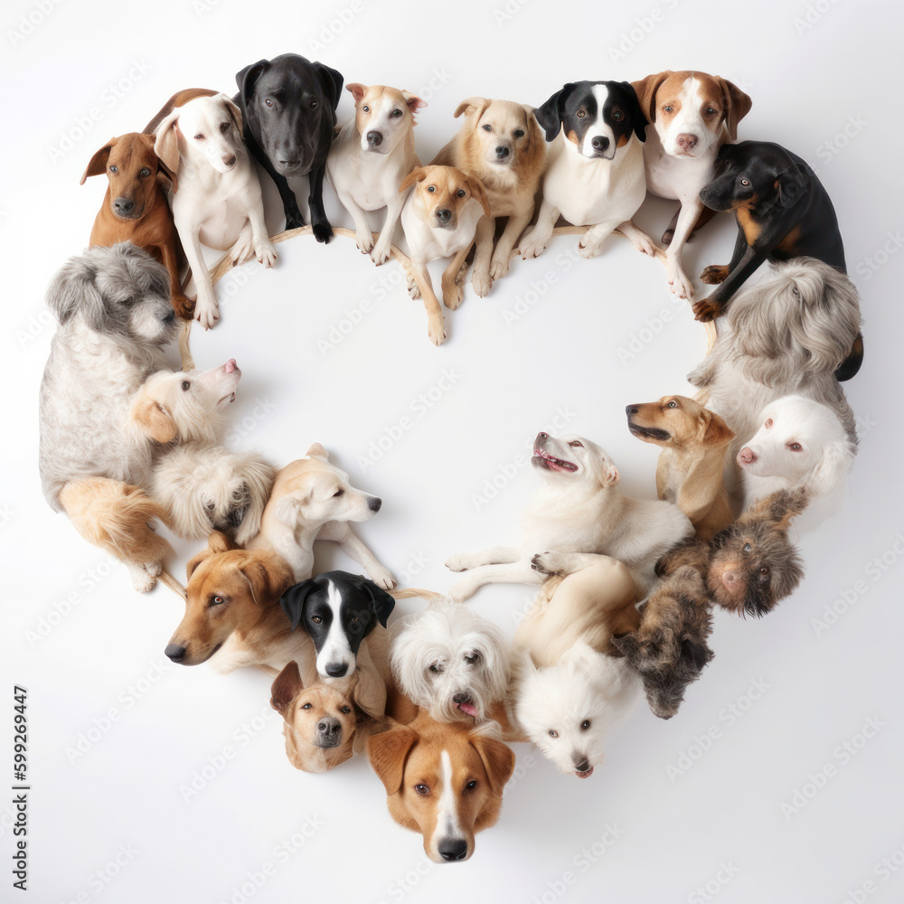 Cute dogs and puppies lying in a heart shape on a white background.