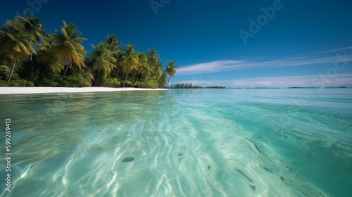 Tranquil beach scene with clear turquoise water and palm trees