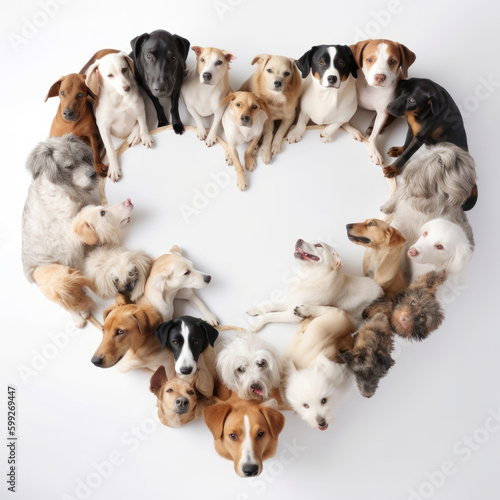 Cute dogs and puppies lying in a heart shape on a white background.