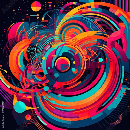 Abstract composition of swirling neon colors and geometric shapes
