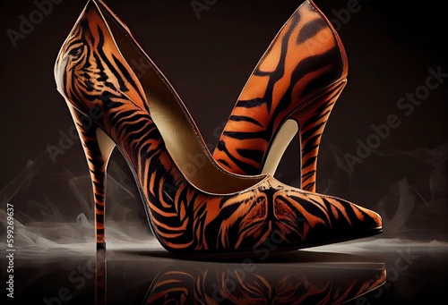 Tiger Print Female Designer Stiletto Shoe Background With Copy Space Generative AI photo