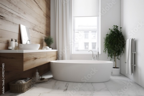 bathtub luxury wood modern home white architecture house bath bathroom interior. Generative AI.