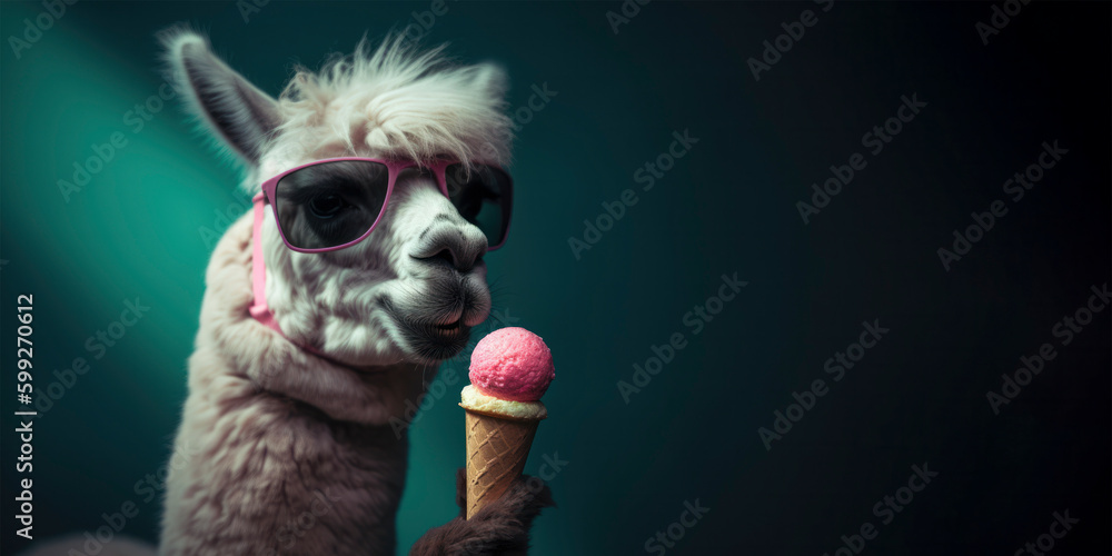 Stylish lama eating ice cream summer concept with copy space for text. Generative AI