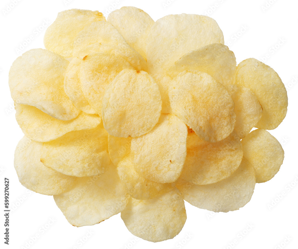 Potato chips isolated on white background, top view. Potato chips isolated on white background, top view.