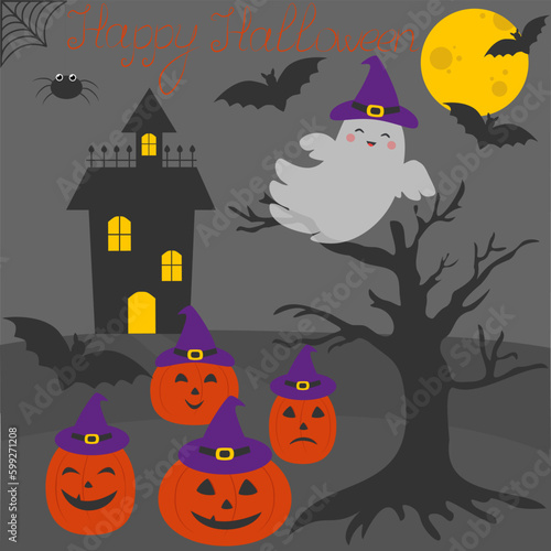 Vector Halloween scene with haunting house, pumpkin characters, bats in cartoon style. 