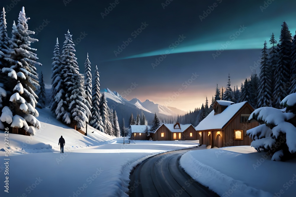 Santas Village Behind Mountains Surrounded By Trees And Snow (Digital Matte Painting). Christmas Eve. Generative AI