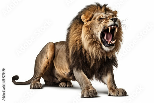 Roar of the Wild  Lion Roaring  Displaying Majestic Power and Strength on a White Background - A Striking Image of the Wild Animal s Aggressive Elegance.      