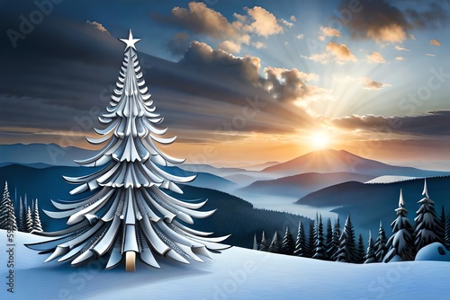 Stylized Silver Christmas Tree. Christmas Eve. Generative AI © Pixel Matrix