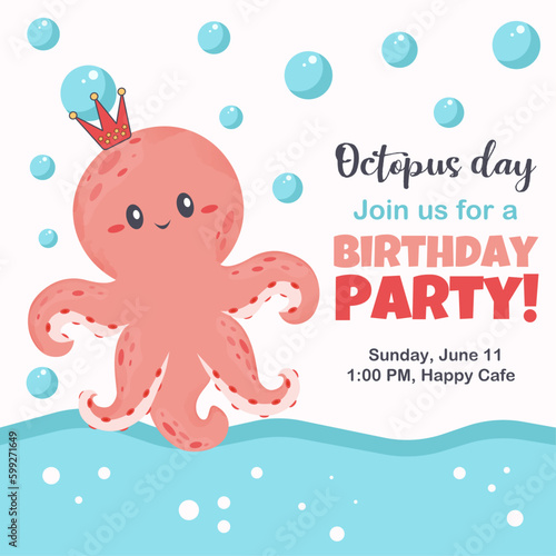 happy birthday, birthday party, summer party invitaion, card, post poster, octopus, sea