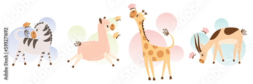 Cute happy giraffe, zebra, gazelle and llama. Cartoon animals playing with butterflies. Flat illustration with simple background for nursery poster design. Print for decorating a baby girl's room