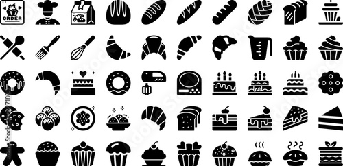 Bakery Icon Set Isolated Silhouette Solid Icons With Symbol, Bread, Vector, Cake, Icon, Food, Bakery Infographic Simple Vector Illustration