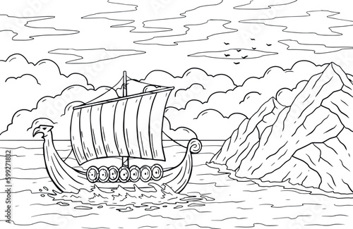 Viking boat at sea. Nordic Drakkar, Swedish warship. Longship with oars. Cartoon scandinavian sailboat for coloring book