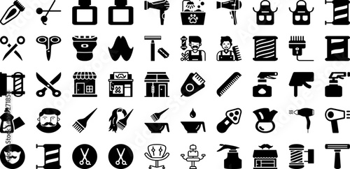 Barber Icon Set Isolated Silhouette Solid Icons With Salon, Barbershop, Hair, Icon, Haircut, Scissors, Barber Infographic Simple Vector Illustration