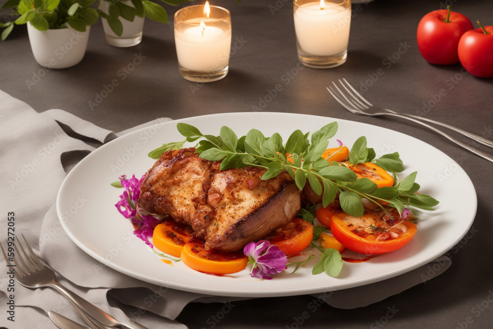 gourmet meal featuring fresh, colorful ingredients and elegant presentation. Generative AI gourmet meal featuring fresh, colorful ingredients and elegant presentation. Generative AI