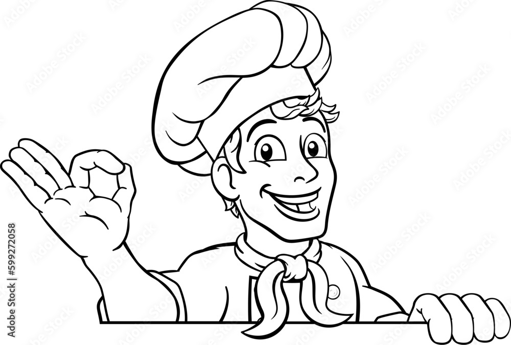 A chef cook or baker man cartoon character giving a perfect or okay chefs hand sign. Peeking over a background sign.