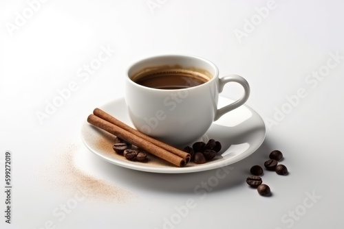 Relaxing Coffee Banner. Hot cup of aromatic coffee adorned with cinnamon sticks  isolated on a serene white background with space to text. Copy space. Relaxation drink concept AI Generative