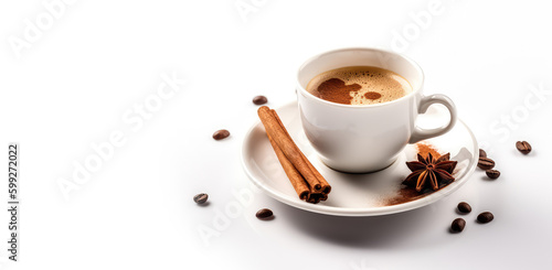 Relaxing Coffee Banner. Hot cup of aromatic coffee adorned with cinnamon sticks, isolated on a serene white background with space to text. Copy space. Relaxation drink concept AI Generative