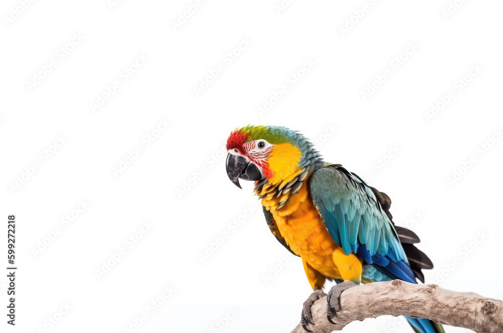 Exotic Feathery Friend. Marvel at the stunning hues of the parrot, gracefully perched on a branch, against a white background. Copy space. Nature concept AI Generative