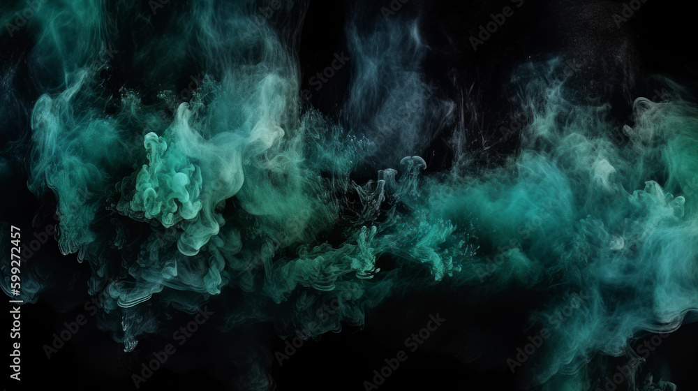Color mist. Ink water. Haze texture. Fantasy night sky. Blue green shiny glitter steam cloud blend on dark black abstract art background Color mist. Ink water. Haze texture. Fantasy night sky. Blue green shiny glitter steam cloud blend on dark black abstract art background