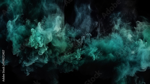 Color mist. Ink water. Haze texture. Fantasy night sky. Blue green shiny glitter steam cloud blend on dark black abstract art background