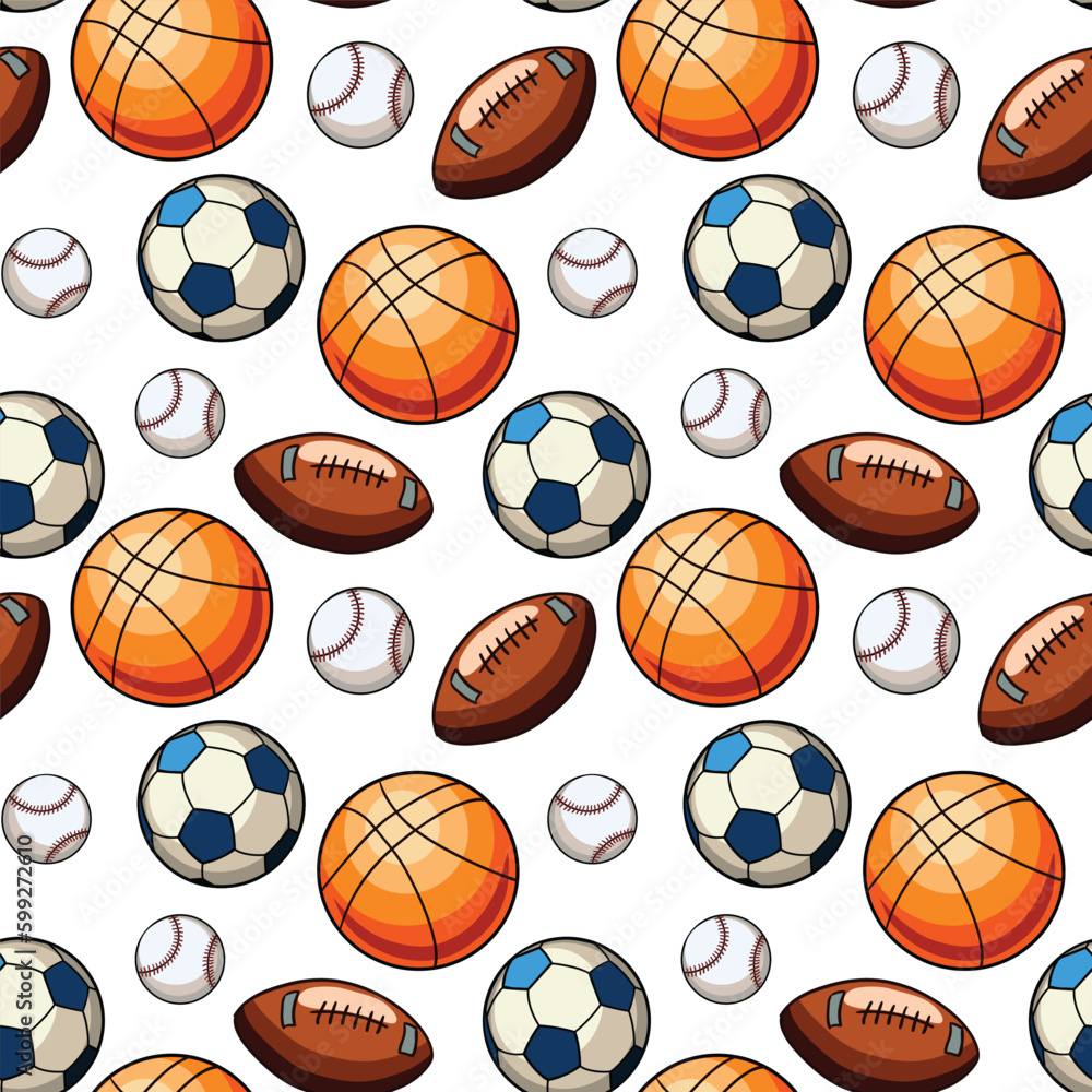 Vector hand drawn different sports balls, seamless pattern