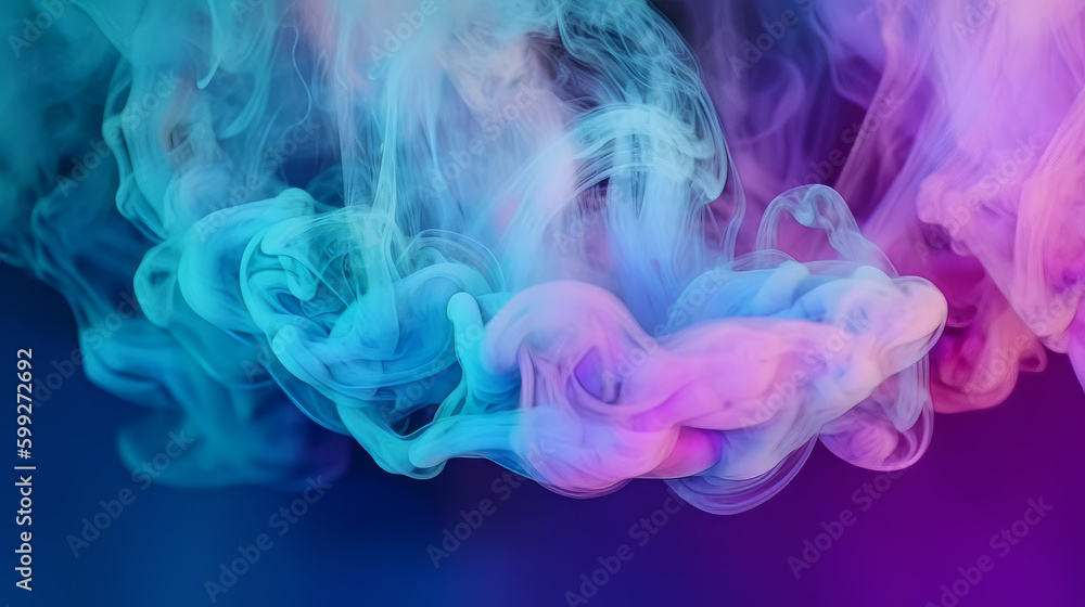 Mist texture. Color smoke. Paint water mix. Mysterious storm sky. Blue purple glowing fog cloud wave abstract art background with free space