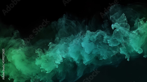 Color mist. Ink water. Haze texture. Fantasy night sky. Blue-green shiny glitter steam cloud blend on dark black abstract art background