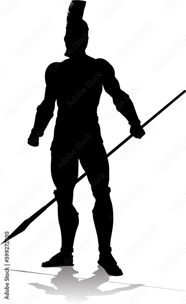 A Spartan or Trojan ancient Greek hoplite warrior silhouette. Could also be a Roman gladiator. A Spartan or Trojan ancient Greek hoplite warrior silhouette. Could also be a Roman gladiator.
