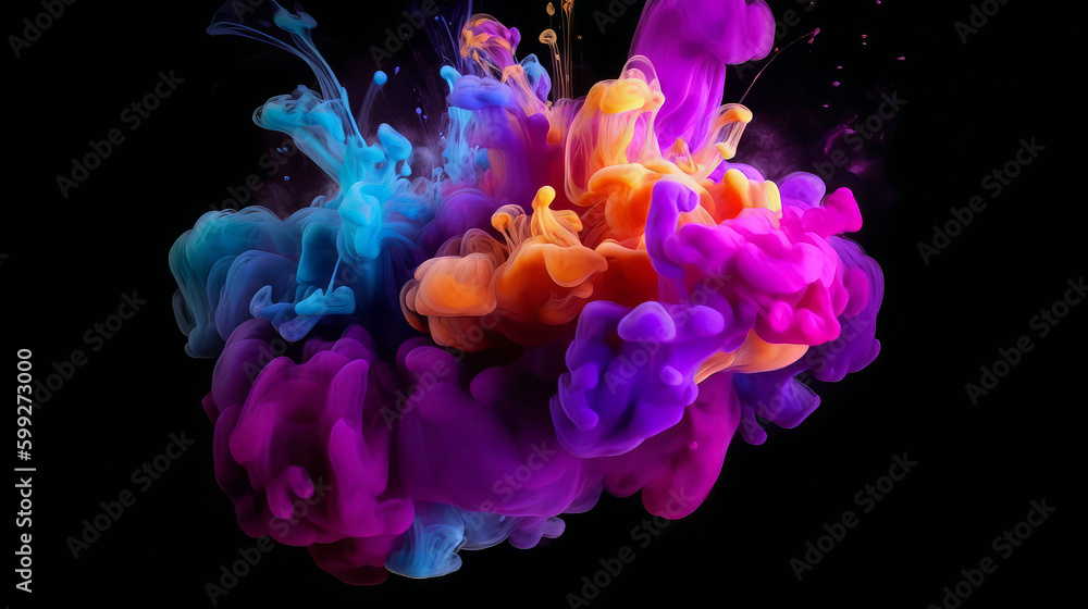 Paint drop. Ink water. Color explosion. Blue pink purple yellow fluid splash glitter dust texture vapor cloud abstract art background Paint drop. Ink water. Color explosion. Blue pink purple yellow fluid splash glitter dust texture vapor cloud abstract art background