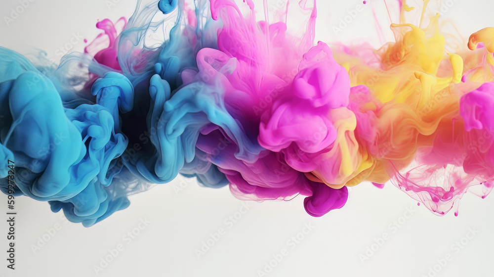 Fototapeta premium Paint drop. Ink water. Color explosion. Blue pink purple yellow fluid splash glitter dust texture vapor cloud abstract art background